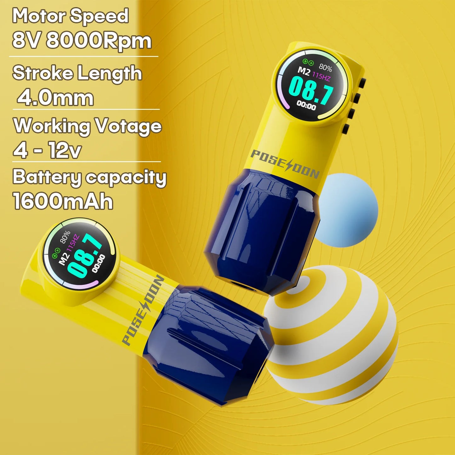 POSEIDON Wireless Tattoo Pen - Cute Yellow Rotary Tattoo Machine with Powerful Custom Motor for Artists
