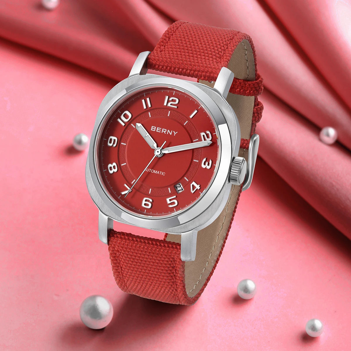 BERNY Women’s Mechanical Watch — Self-Wind Pillow Cushion Design with Sapphire Crystal, Super Luminous Display, Canvas Strap, and Calendar Function