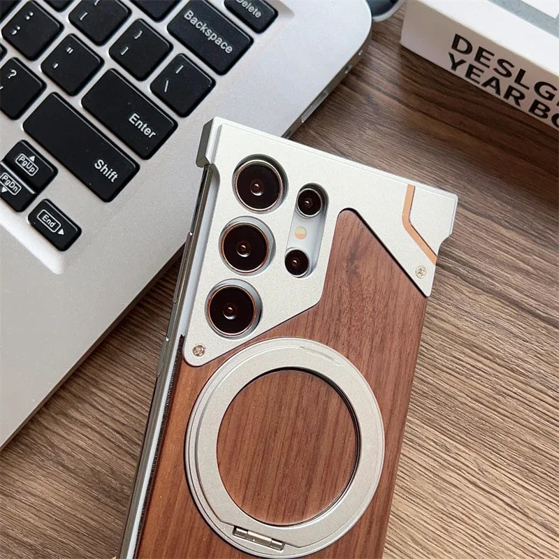 Aluminum & Wooden Magnetic Phone Case – 360° Shockproof Magsafe Cover for Samsung Galaxy S22-S25 Ultra