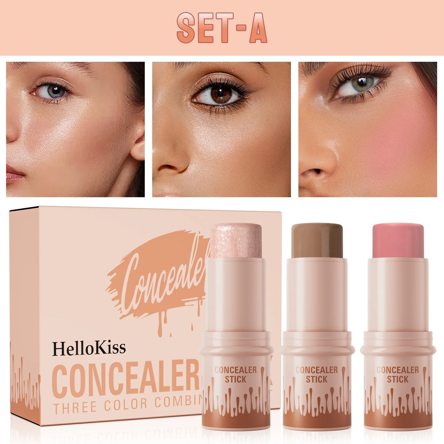Hellokiss Multifunctional Grooming Stick 3-Piece Set – 3D Modification, Highlight & Brightening Blush Stick