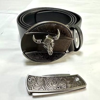 Vintage Adjustable Belt – Metal Buckle Fashion Waistband for Men, Punk Western Cowboy Style with Embossed Design