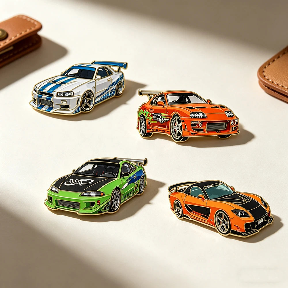 4-Piece Fast & Furious Enamel Pin Set - Car Lapel Brooches for Jackets, Coats, Backpacks & Gifts for Car Enthusiasts