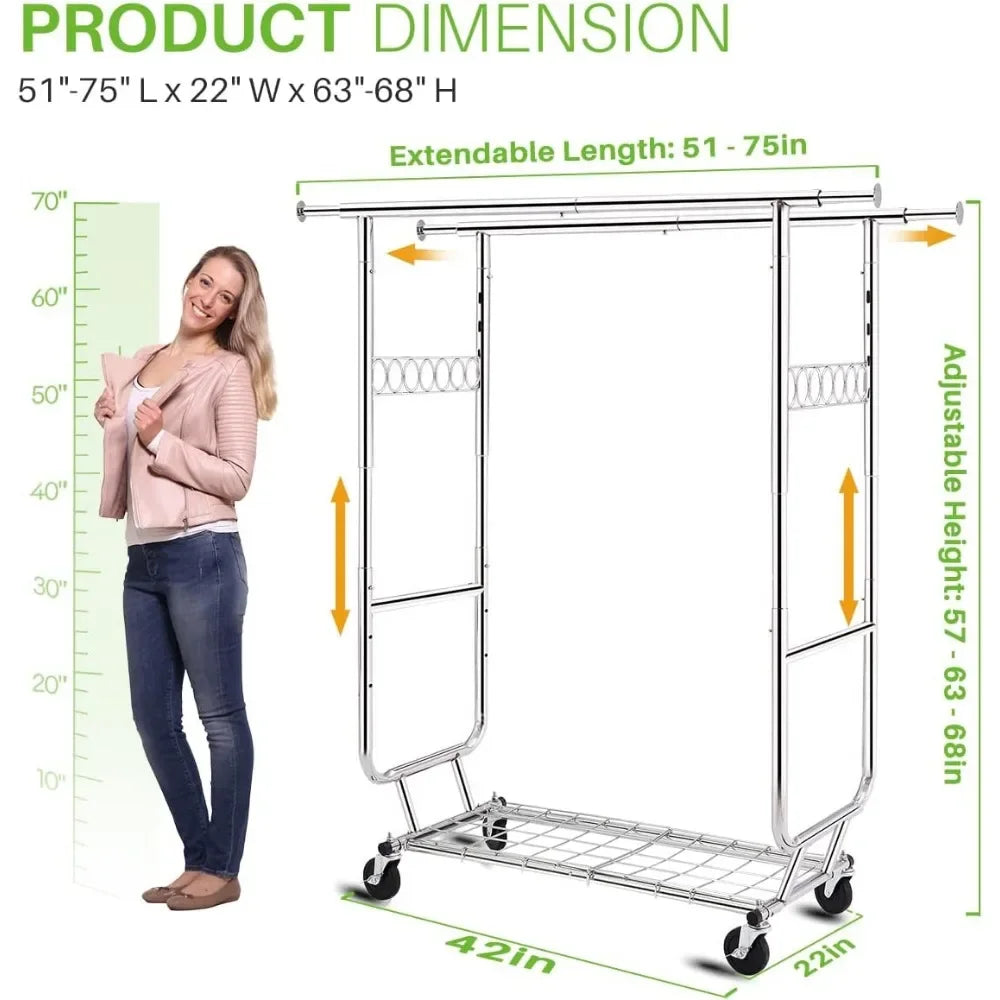 Double Clothing Garment Rack with Shelves – Rolling Clothes Rack on Wheels, 600LBS Capacity for Hanging Clothes