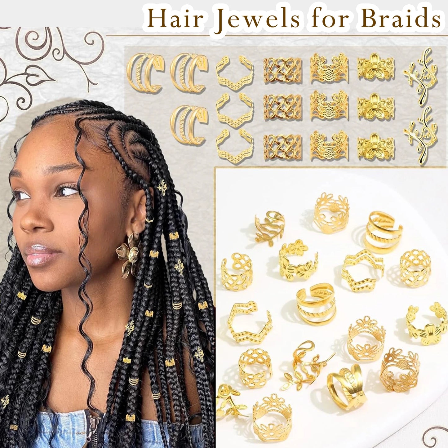 60PCS Gold Hair Jewelry for Braids — Metal Loc Clips, Dreadlock Accessories & Hair Decorations for Women