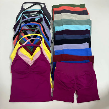 2-Piece Women’s Yoga Set – Seamless Longline Strappy Tank Top & Scrunch Sports Shorts, Summer Workout Gym Outfit
