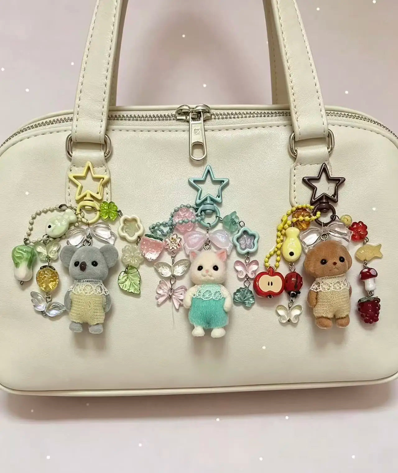 Caramel Cat Flocked Plush Keychain - Super Cute Animal Family Bag Charm & Accessory