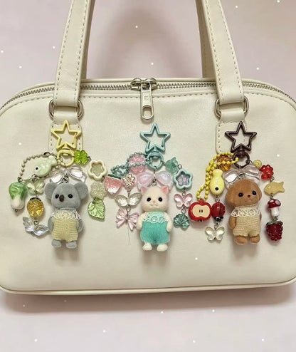 Caramel Cat Flocked Plush Keychain - Super Cute Animal Family Bag Charm & Accessory