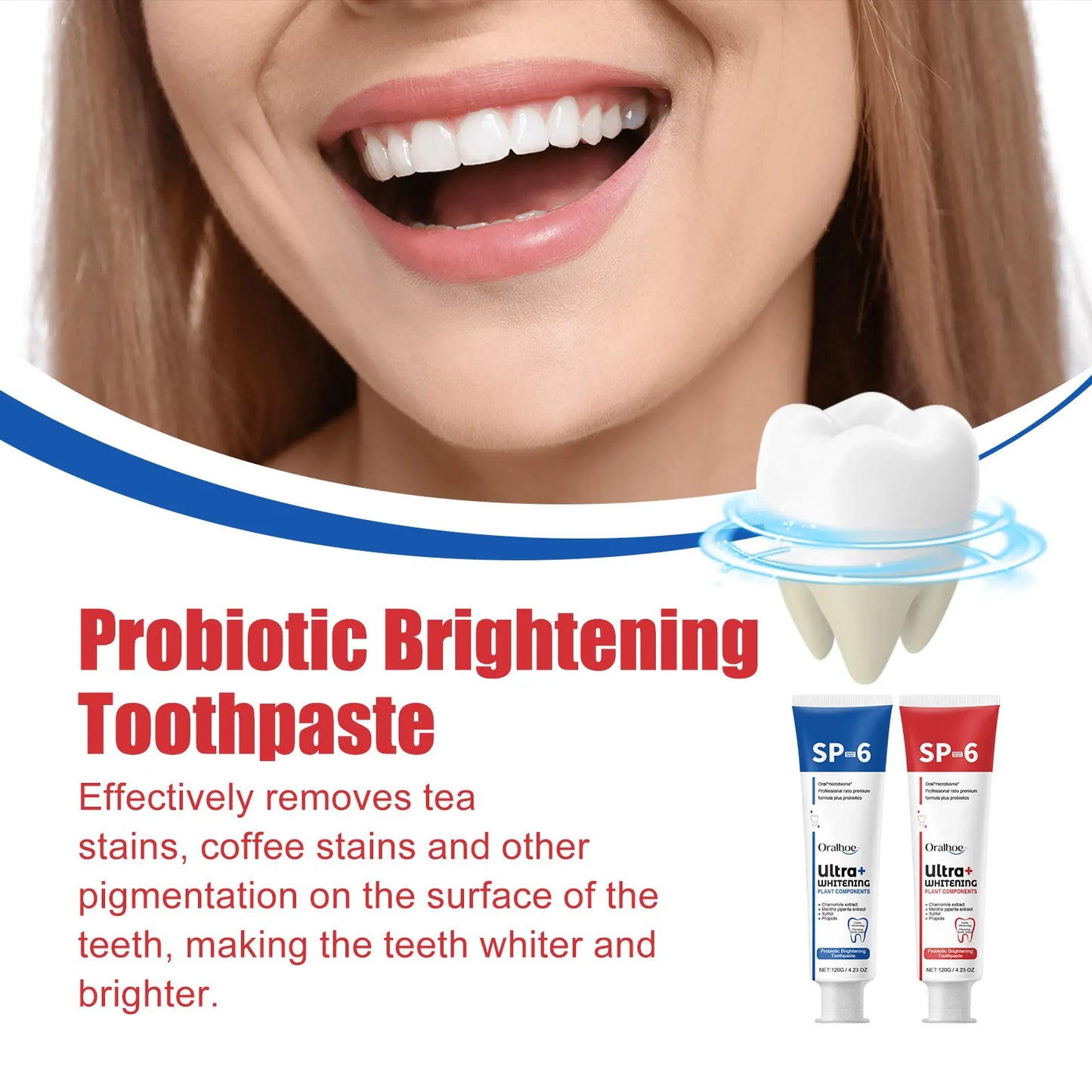 SP6 Probiotic Whitening Toothpaste – Stain Removal, Fresh Breath & Yellow Teeth Reduction for Daily Oral Care
