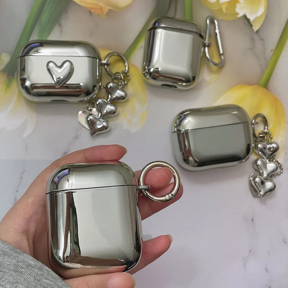 Electroplated Silver AirPods Case - Soft TPU Mirror Finish Cover with Heart Keychain for AirPods 1/2/3/4/5 & Pro 2