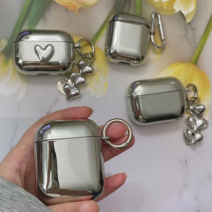 Electroplated Silver AirPods Case - Soft TPU Mirror Finish Cover with Heart Keychain for AirPods 1/2/3/4/5 & Pro 2