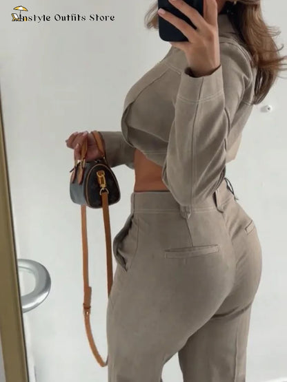 Women’s Cotton Linen Trousers Set — Casual Lapel Crop Top & Straight Pants Streetwear Spring Autumn Outfit