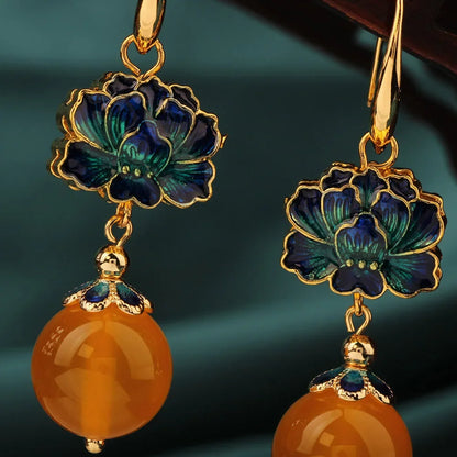 Vintage Flower Drop Earrings - Natural Stone Ethnic Jewelry for Women