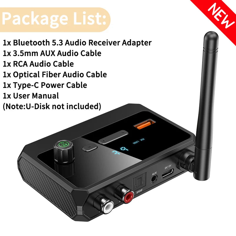 Bluetooth 5.3 Audio Receiver Adapter – USB, RCA, 3.5mm AUX & Optical Wireless Music Player for Car & Home Speakers