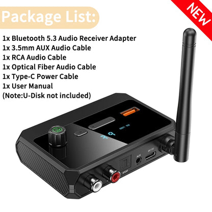Bluetooth 5.3 Audio Receiver Adapter – USB, RCA, 3.5mm AUX & Optical Wireless Music Player for Car & Home Speakers