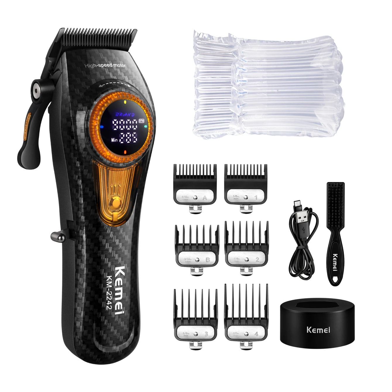 Kemei Professional Hair Clipper – 9000 RPM Electric Hair Cutting Machine, Adjustable Cordless Trimmer with Base for Barbers