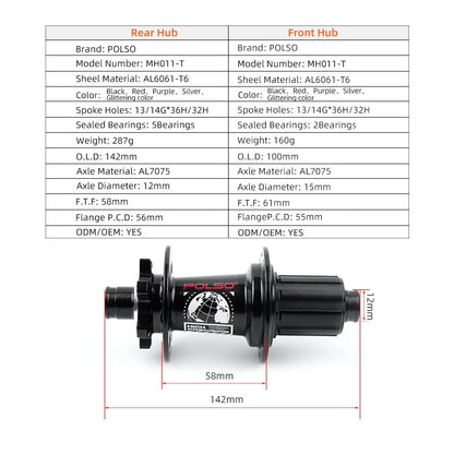 POLSO MH011 MTB Bike Hub – 32H/36H Mountain Hub for 8-12 Speed, 100x15mm & 142x12mm Disc Brake Bicycle