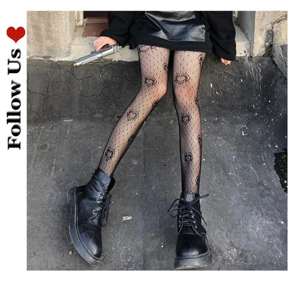Women’s Gothic Bat Fishnet Stockings - Harajuku Emo Mesh Thigh High Tights with Sexy Alternative Lingerie Style