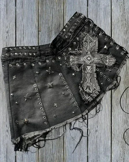 Gothic Y2K Black Denim Shorts — Women's High Waist Slim Fit Baggy Shorts with Buddha Embroidery