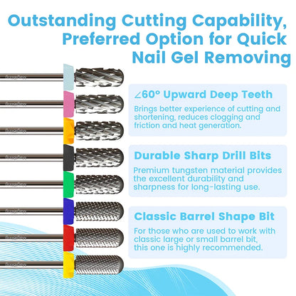 Gold Tungsten Carbide Nail Drill Bits – Large Barrel Milling Cutter, Pro Reversed Durable Grinding & Polishing Tools Accessories 4XC