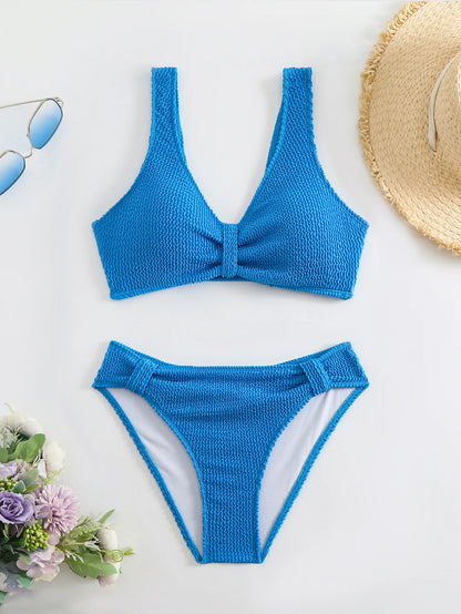 2025 Summer Women's Two-Piece Swimsuit – Solid High Waist V-Neck Backless Bikini Set Beachwear