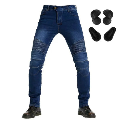Men's Embroidery Motorcycle Jeans – Protective Gear with Belt, Motocross Pants for Driver License Test & Riding