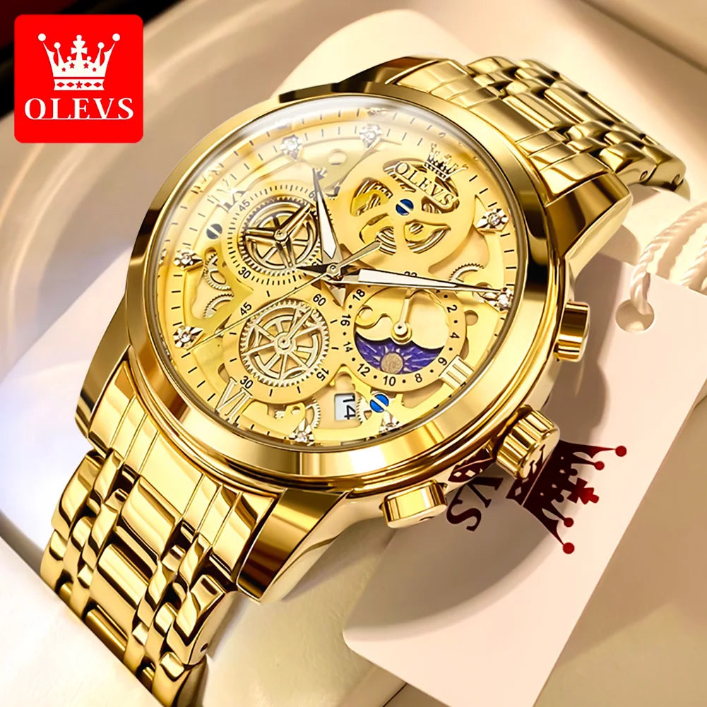 OLEVS Luxury Men's Quartz Watch – Gold Skeleton Style, Waterproof, 24-Hour Day/Night, Top Brand