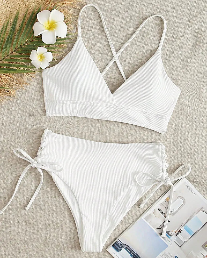Cikini V-Neck Split Bikini Set – Sexy Lace-Up Triangular Solid Color Swimwear for Women