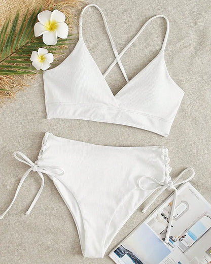 Cikini V-Neck Split Bikini Set – Sexy Lace-Up Triangular Solid Color Swimwear for Women