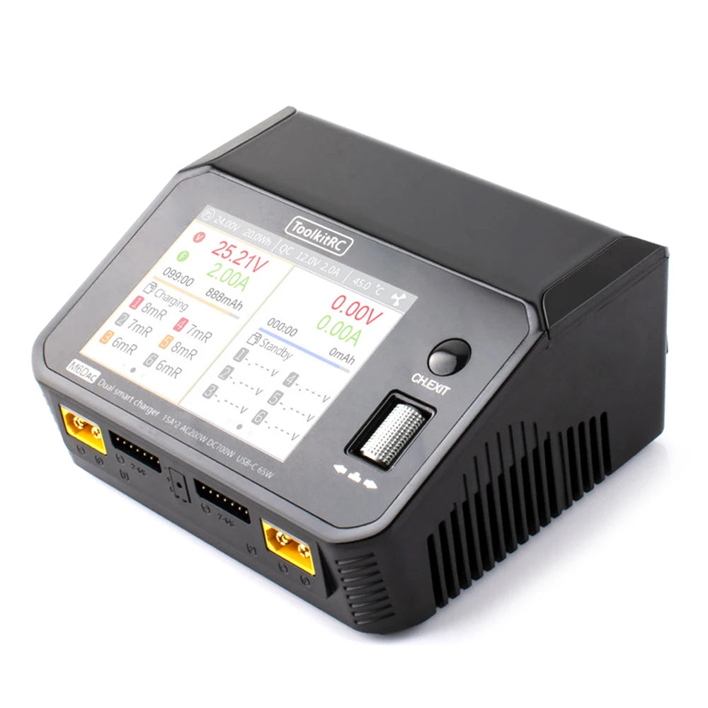 ToolkitRC M6DAC Dual Channel Smart LiPo Battery Charger – 200W AC, 350W DC x2, 15A for 1-6S LiHV PD 65W Discharger