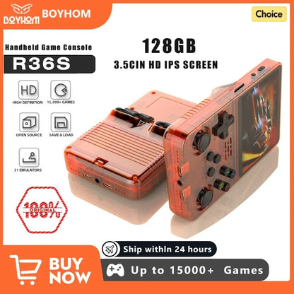 128GB Open Source R36S Video Game Console – Linux System, 3.5 Inch IPS Screen, Orange Portable Pocket Player with 64GB of Best Games