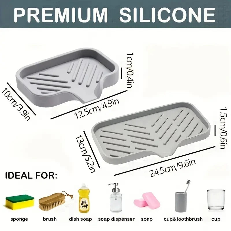 Sink Silicone Tray with Drain – Soap & Sponge Holder, Countertop Scrubber Brush Storage Rack, Kitchen Organizer