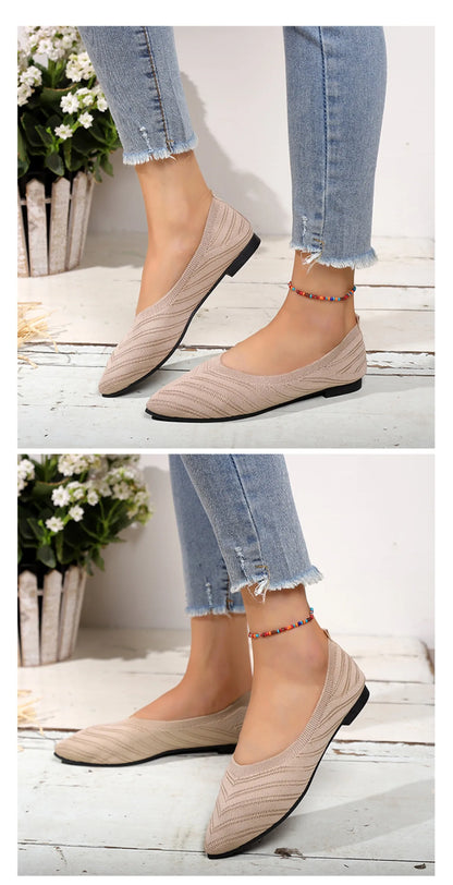 Women’s Solid Color Pointed Toe Knitted Slip-On Flats – Casual Breathable Ballet Loafers