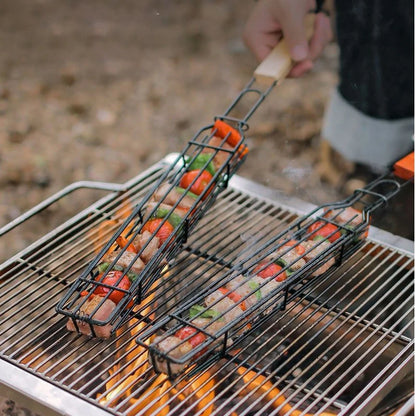 Wooden Handle Outdoor Barbecue Cage - Camping Meat and Vegetable BBQ Net Rack, Ideal Picnic Barbecue Tools