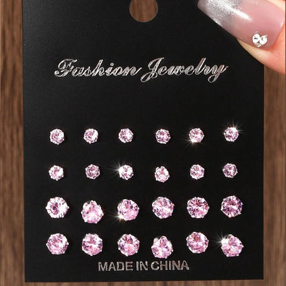 12 Pairs Luxurious Zirconia Earrings Set – Shiny Elegant Simple Stud Jewelry Gift for Parties, Couples & Daily Wear