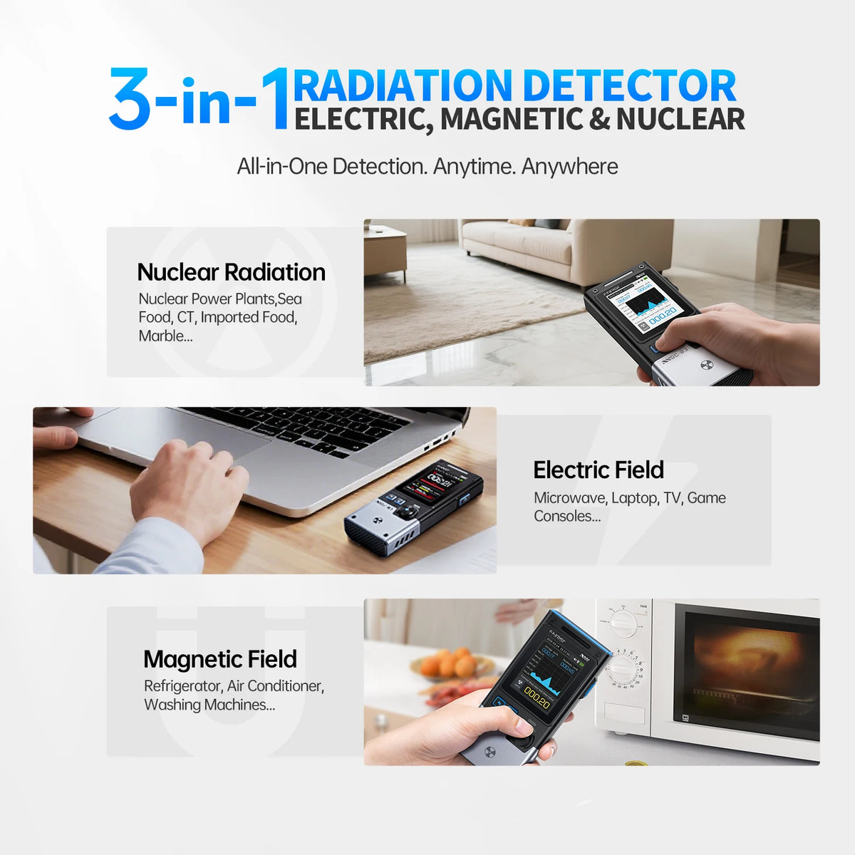 FNIRSI GC-03 3-in-1 Electromagnetic Radiation Detector - Electric, Magnetic & RF Field Meter with Temperature Monitor