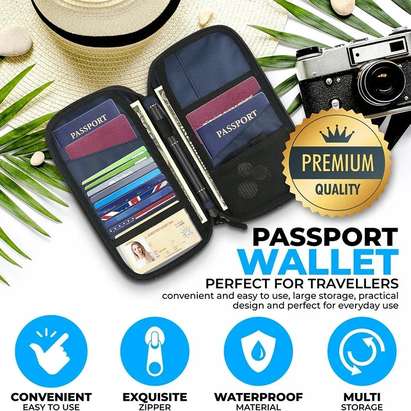 Family Travel Passport Cover Wallet – Lightweight Oxford Document Organizer with Zipped Closure & Detachable Wrist Strap for Men & Women
