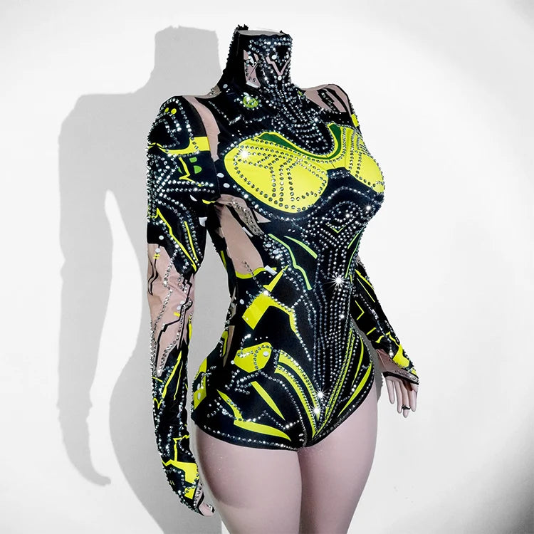 Sexy Sparkly Green Rhinestone Bodysuit – Stage Dance Costume for Party, Bar Show, Drag Queen, Cosplay & Halloween