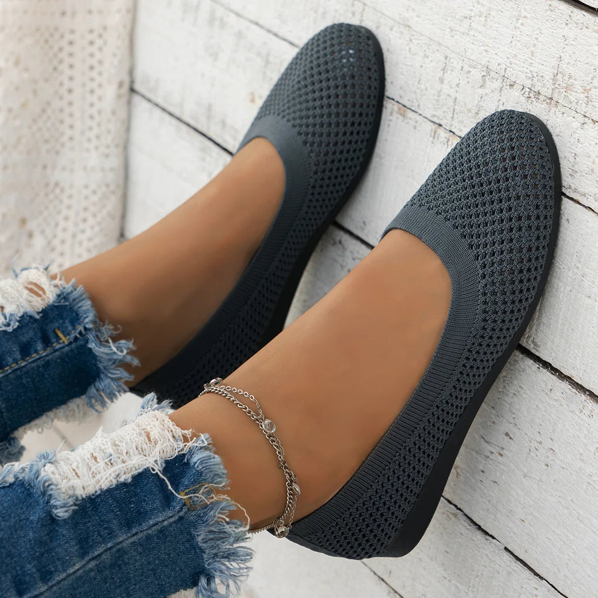 Women’s Round Toe Flat Shoes – Solid Color Knitted Slip-On Ballet Flats, Casual & Breathable Loafers