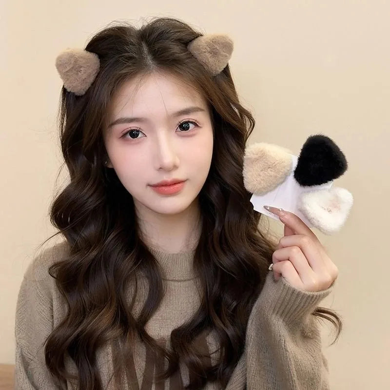 Plush Cat Ear Hair Clips - Soft Cute Princess Hair Accessories for Women and Girls, Autumn Winter Hair Claws