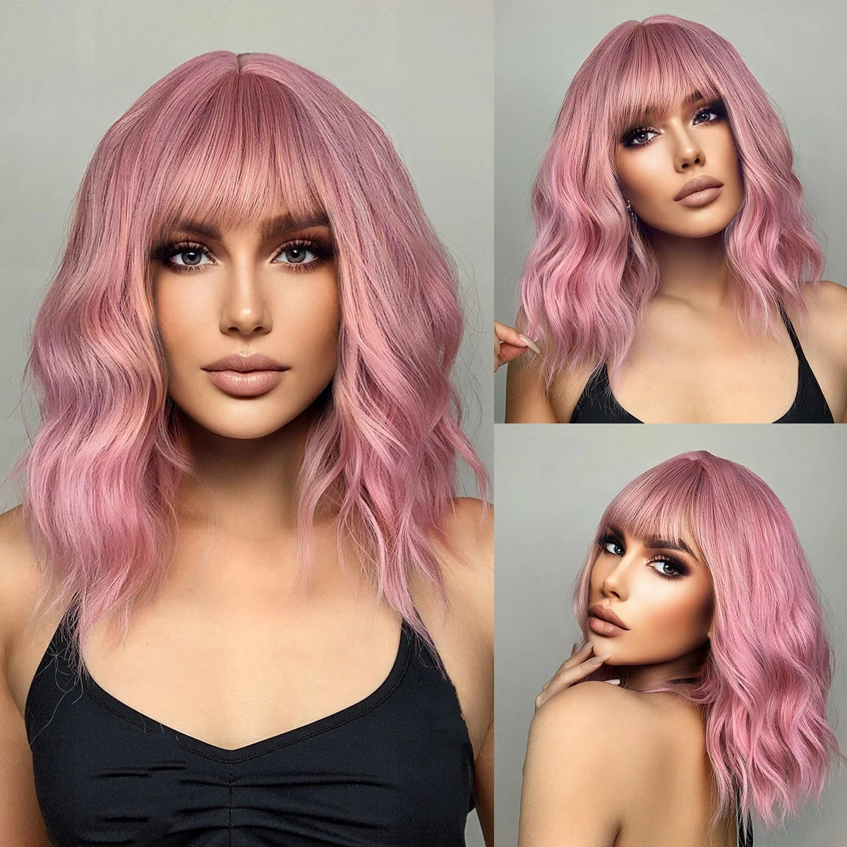 CharmSource Pink BOBO Short Synthetic Wig – Natural Wavy Heat Resistant Hair Wig for Women, Party & Daily Wear