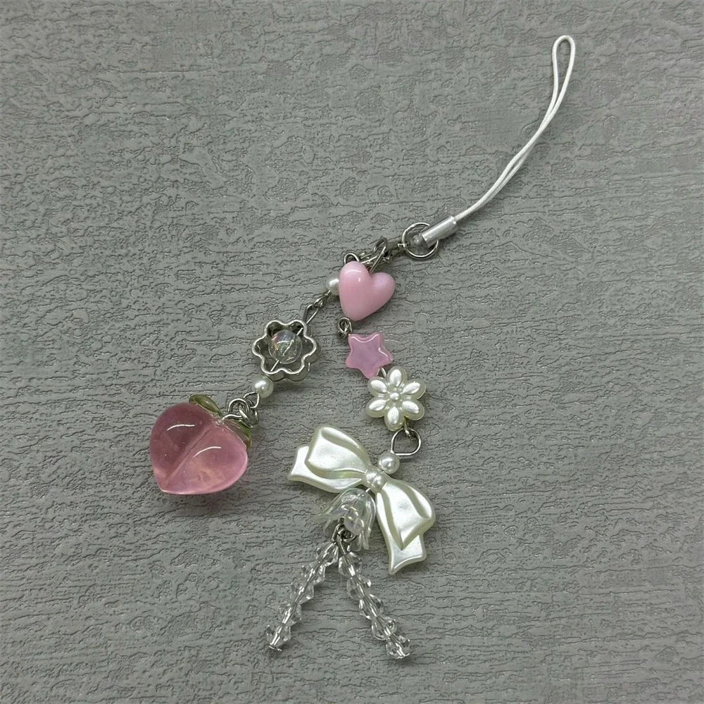 Pink Peach Phone Charm - Cute Bowknot Beaded Handmade Pendant Keychain for iPhone Camera Chain & Sweet Accessories
