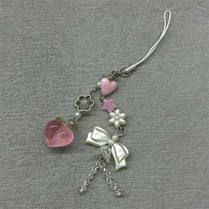 Pink Peach Phone Charm - Cute Bowknot Beaded Handmade Pendant Keychain for iPhone Camera Chain & Sweet Accessories
