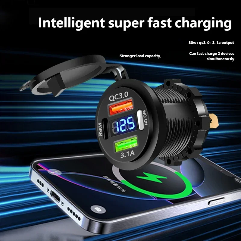Car USB Fast Charger PD3.0 QC3.0 12/24V Socket with Voltmeter & On/Off Switch, Motorcycle Boat Auto Charging Adapter Accessory
