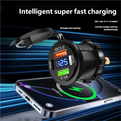 Car USB Fast Charger PD3.0 QC3.0 12/24V Socket with Voltmeter & On/Off Switch, Motorcycle Boat Auto Charging Adapter Accessory