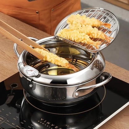 Stainless Steel Oil Thermometer with Cover – Small Frying Pan for Tempura, French Fries & Oil Saving