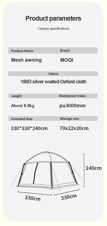 Outdoor Camping Mesh Tent – Rainproof, Sunscreen, Mosquito-Proof, Picnic & Beach Sunshade for 10 People