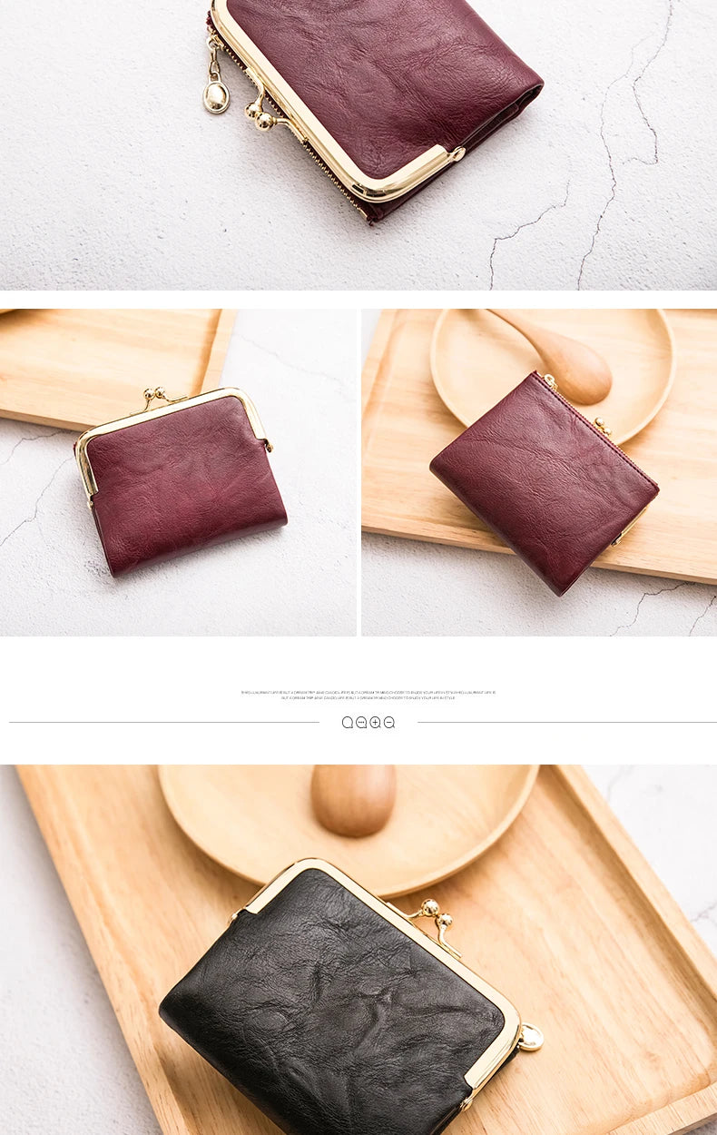 MIYIN Women’s Small Wallet – RFID Compact Bifold Leather Coin Purse with Zipper & Kiss Lock, Vintage Design