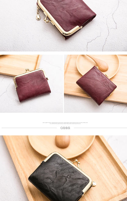 MIYIN Women’s Small Wallet – RFID Compact Bifold Leather Coin Purse with Zipper & Kiss Lock, Vintage Design