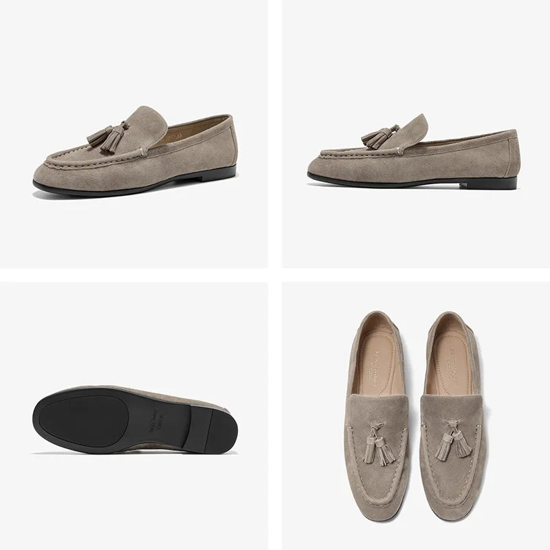 BEAUTODAY Women’s Casual Loafers – Suede Leather Tassel Slip-On Round Toe Flats, Handmade Business Shoes 26277