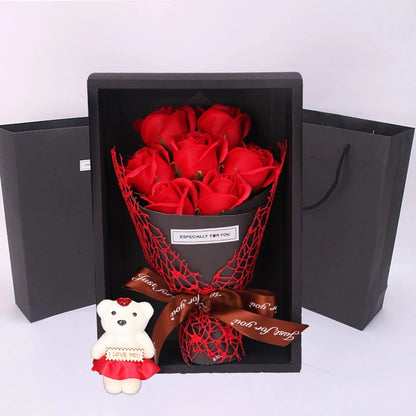 Handmade 7 Rose Soap Bouquet with Little Bear Gift Box – Creative Valentine’s, Mother’s Day & Birthday Flower Gift